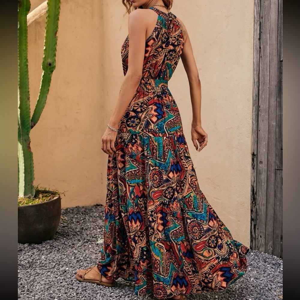 Boho print belted halter maxi dress PAST FEW - Picture 3 of 6